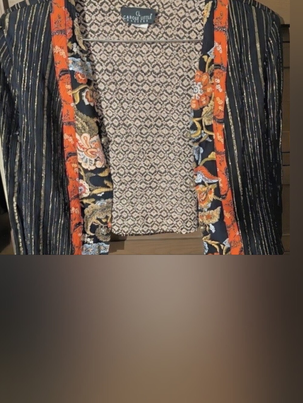 Vintage Carole Little Red/Gold Floral & Striped Cropped Open Jacket Size 10 - Picture 10 of 11